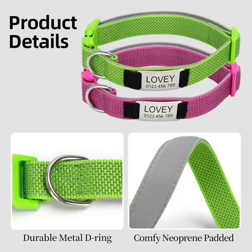 Miniatura 5 de Collares de perro personalizados, collar de perro de nailon totalmente reflectante con etiqueta de nombre, acolchado suave, collares personalizados