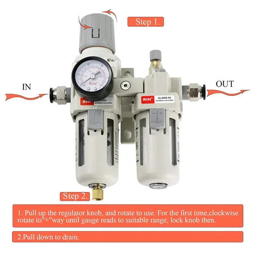 Miniatura 4 de RIH Pneumatics - Regulador de filtro de aire comprimido NPT de 1/2 pulgada, lubricador combinado separador de trampa de agua/aceite, calibre