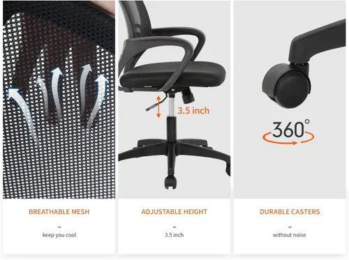 Miniatura 7 de Silla de oficina en casa, silla ergonómica de escritorio con respaldo medio, silla de computadora de malla, soporte lumbar, cómoda, ejecutiva