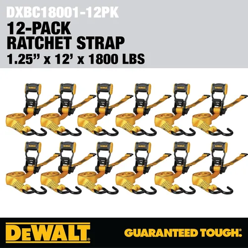 Miniatura 7 de DEWALT DXBC18001-12PK Negro/Amarillo Correas de Amarre de Trinquete de 1.25" x 12' - Transporte de Carga Ligero
