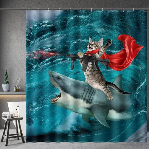 Aimego Cortina de Ducha Larga Divertida - Juego de Cortina de Ducha de Tela Graciosa con Gato Loco Montando Tiburón, Divertido Diseño Marino, con 12