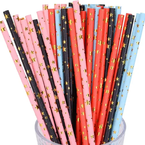 Miniatura 22 de 100 pajitas de papel mixtas para fiestas, color negro, rosa claro, azul, rojo, dorado, con lunares, burbujas, para cumpleaños, baby shower, boda