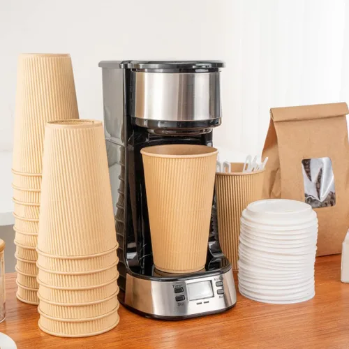 Miniatura 10 de Restaurantware Vasos de café desechables de pared ondulada de 16 onzas, 500 vasos de papel kraft aislados con diseño de borde enrollado, las tapas