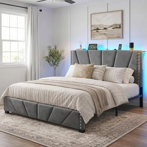 Miniatura 10 de EnHomee Base de cama de plataforma individual con cabecera ajustable tapizada de terciopelo, luces LED y estación de carga para dormitorio, Beige