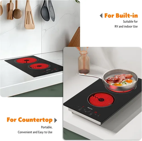 Miniatura 7 de Placa de cocina de cerámica de 12 pulgadas con enchufe de 120 V, estufa eléctrica de 1700 W, 2 quemadores, control táctil con temporizador y bloqueo