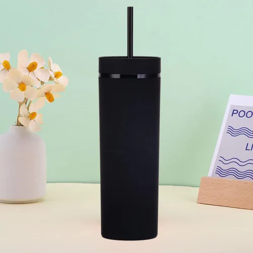 Miniatura 4 de Vasos negros mate con tapas y popotes. Vasos delgados de 16 onzas a granel. Vasos acrílicos de plástico de doble pared pastel para batidos de café