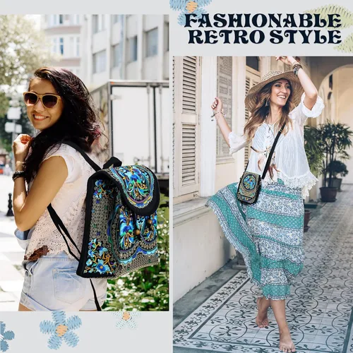 Miniatura 7 de 3 unids mujeres vintage bordado étnico hecho a mano mochila flor Crossbody bolsa Hmong mochila bolso mexicano, Azul series, Serie Azul