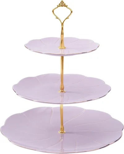 Miniatura 8 de DUJUST Torre de porcelana de lujo de 2 niveles para cupcakes, bandeja de servir estilo británico con borde dorado, soporte de exhibición de postres