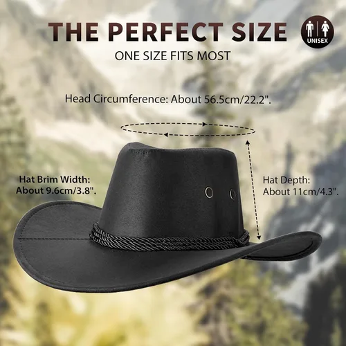 Miniatura 7 de Mens Faux Felt Western Cowboy Hat Fedora Outdoor Wide Brim Cowgirl Hat with Strap