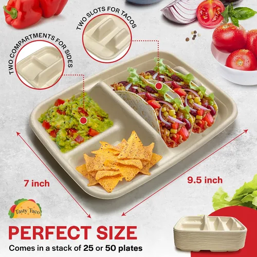 Miniatura 3 de Platos desechables para tacos para 2 tacos y 2 guarniciones – PACK de 50 Platos de papel premium con divisores, soporte para tacos de fiesta