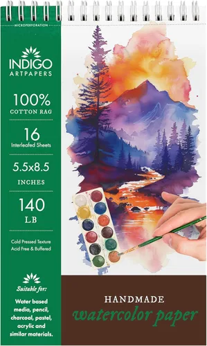 Indigo Artpapers Bloc de papel de acuarela, 16 hojas, 5.5 x 8.5 (140 libras/10.58 oz) | Trapo de 100% algodón hecho a mano, papel de pintura