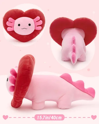 Miniatura 7 de MaoGoLan Peluche de ajolote de San Valentín con capucha en forma de corazón, almohada de peluche de salamandra blanda y suave, regalo de peluche