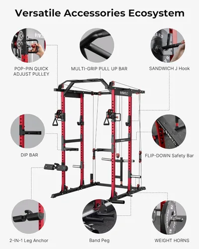 Miniatura 7 de Mikolo Jaula de potencia K6 2.0, estante de alimentación con sistema de cruce de cables, estante para sentadillas de 2000 libras con sistema de Rojo