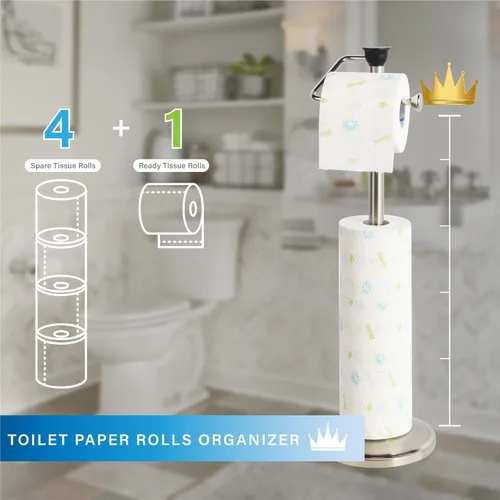 Miniatura 6 de ZCCZ Soporte de papel higiénico con almacenamiento, dispensador de pañuelos de pie, acabado de níquel, capacidad para hasta 5 megarrollos,