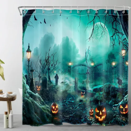 Miniatura 14 de LB Cortina de ducha de Halloween, cementerio de terror, fantasma, gatos negros en árbol, calabaza, cortinas de ducha para baño con ganchos, 60 x 72