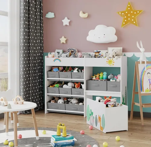 BOTLOG Estantería infantil con contenedores de tela y baúl de juguetes móvil, organizador de almacenamiento de juguetes para niños, estantería