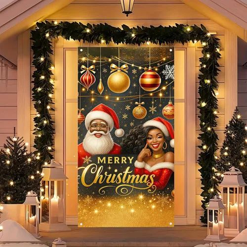 Miniatura 3 de BlissYard Cubierta de puerta de Feliz Navidad de 71 x 35 pulgadas, pancartas para puerta de porche delantero, decoración de invierno, Papá Noel