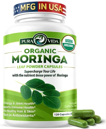 PURA VIDA MORINGA Cápsulas de polvo de Moringa de origen único orgánico. Hoja pura de Moringa. Energía, metabolismo y apoyo inmunológico. 120