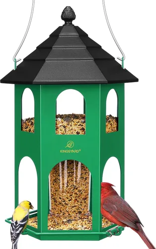 Miniatura 8 de Kingsyard Comedero de metal para colgar en exteriores, comederos para pájaros silvestres con percha circular, fácil de limpiar y rellenar, gran Rojo
