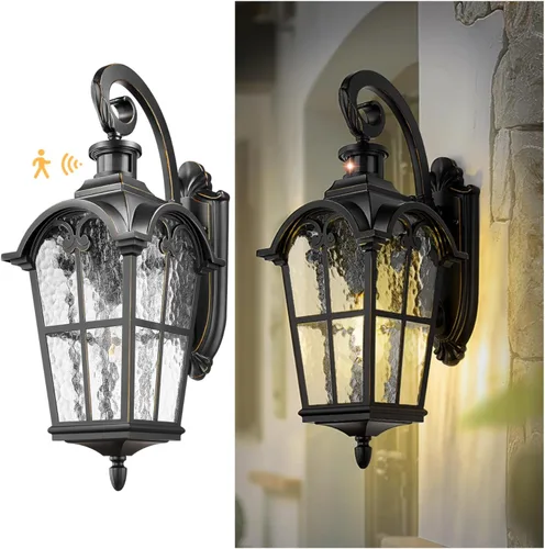 Miniatura 7 de Emliviar Aplique de Pared Vintage para Exteriores con Vidrio de Ondas de Agua, Linterna de Pared para Porche Delantero de 17.5", Acabado Negro