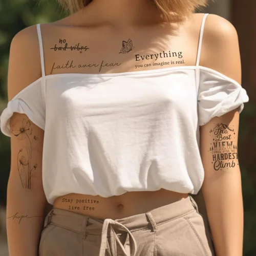 Miniatura 5 de Tatuajes temporales realistas – 60 hojas de tatuajes falsos pequeños, 30 piezas de tatuajes significativos con escrituras y palabras, 30 calcomanías