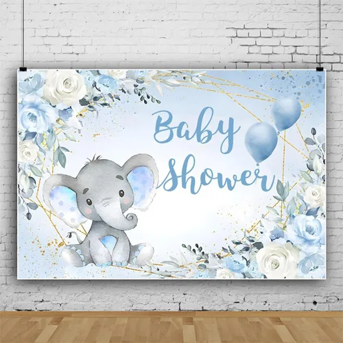 Miniatura 2 de Telón de fondo de elefante de 5 x 4 pies para baby shower, fondo de flores azules para fotografía, revelación de género, cartel de fiesta de niño