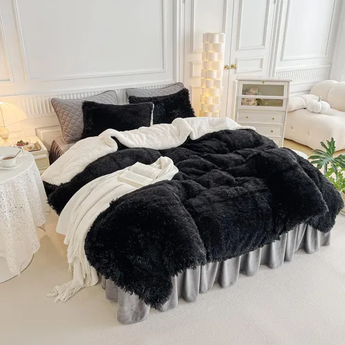 Miniatura 3 de UOZZI BEDDING - Juego de edredón de pelo sintético negro, tamaño Queen, 3 piezas, 1 edredón afelpado negro de 90x90 y 2 fundas de almohada, ultra