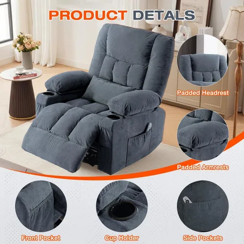 Miniatura 6 de Silla reclinable giratoria para adultos, reclinable mecedora con masaje por vibración y calor lumbar, mecedora ergonómica con bolsillo lateral, 2