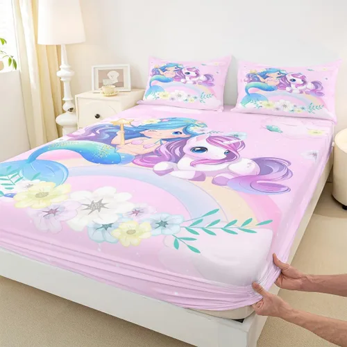 Miniatura 4 de Erosebridal Sábanas de sirena azul para niñas, juego de sábanas de unicornio lindo tamaño matrimonial, 4 piezas para niños, sábanas de arcoíris