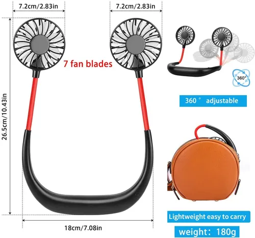 Miniatura 6 de RJVW Ventilador de cuello portátil, manos libres, para colgar en el cuello, ventilador deportivo USB recargable (3 velocidades ajustables)