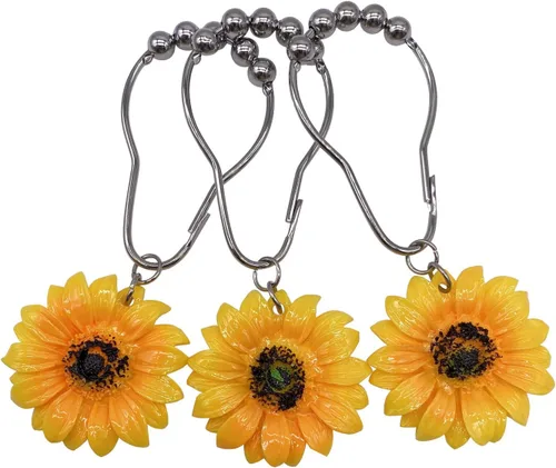 Miniatura 5 de CHICTIE Anillos de ganchos para cortina de ducha con flores, 12 piezas decorativas a prueba de óxido para juego de baño (girasol amarillo)