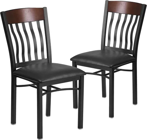 Miniatura 9 de Flash Furniture Eclipse Series Silla de restaurante con respaldo vertical de metal negro y madera de nogal con asiento de vinilo negro