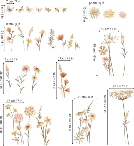 Miniatura 4 de decalmile Adhesivos de Pared Boho de Flores, Adhesivos de Pared de Flores Silvestres, Flores, Dientes de León, Hierba Adhesivos de Pared para Bebé