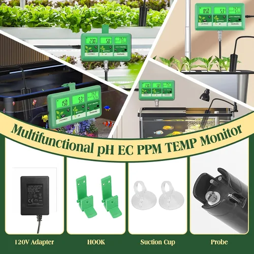 Miniatura 4 de Monitor continuo de pH EC para hidropónico, medidor de pH EC PPM WiFi 6 en 1, probador digital de pH TDS temperatura humedad para sistema