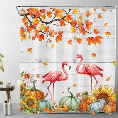 Miniatura 54 de HVEST Cortina de ducha con ganchos, calabaza espeluznante y fantasma con sombrero de bruja negro, juego de cortina de ducha naranja con flores