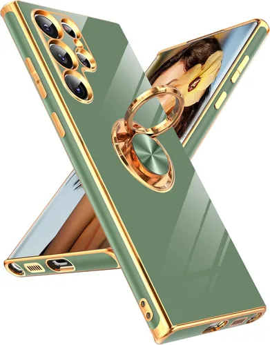 Miniatura 38 de LeYi Funda para Samsung Galaxy S22 Ultra con soporte de anillo giratorio de 360°, soporte magnético, chapado en oro rosa, borde protector para Negro