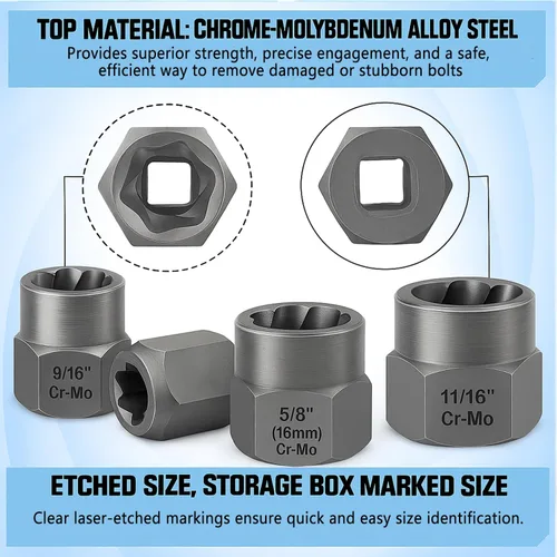 Miniatura 3 de XEWEA Juego de 14 piezas de extractor de pernos, juego de zócalos extractores de pernos rayados de impacto de 3/8" para quitar pernos y tuercas