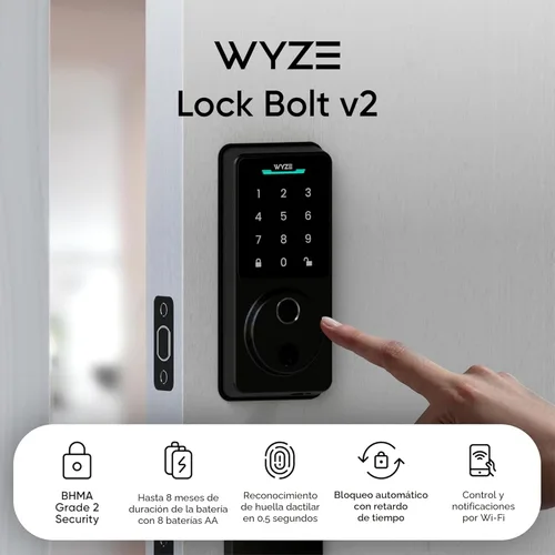 Miniatura 2 de Wyze Auto-Lock Bolt v2, cerradura inteligente de entrada sin llave con huella dactilar, escáner de aprendizaje AI con Wi-Fi, cerrojo de puerta