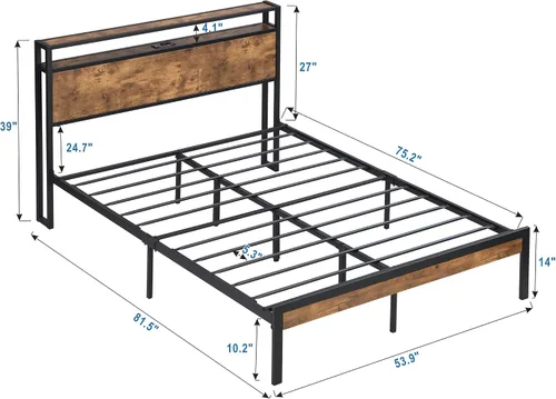 Miniatura 2 de Marco de cama de plataforma de metal resistente de 14 pulgadas con cabecero y estribo de madera, plataforma de metal, gran almacenamiento debajo