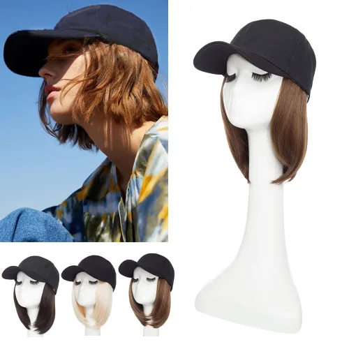 Miniatura 6 de S-noilite Peluca de gorra de béisbol de 6 pulgadas con peinado Bob y extensiones de cabello, gorra de béisbol recta ajustable para mujer
