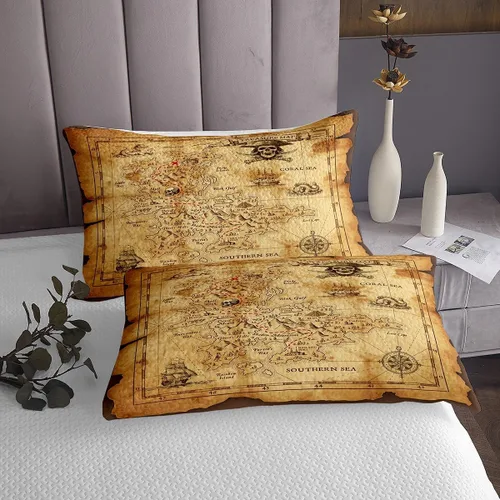 Miniatura 7 de Juego de sábanas de mapa náutico, tamaño individual, juego de ropa de cama de brújula de barco pirata, 3 piezas, para niños, adolescentes, adultos