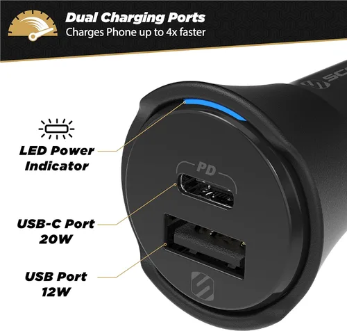 Miniatura 2 de Scosche CPDCA32 PowerVolt - Cargador rápido para automóvil con certificación USB tipo C y USB tipo A de 32 vatios con entrega de potencia 3.0