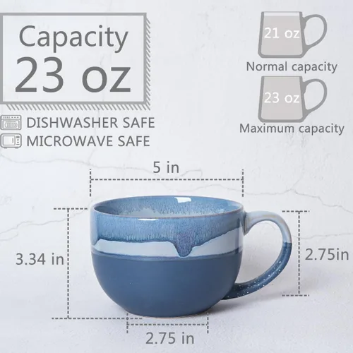 Miniatura 2 de Bosmarlin Taza de café de cerámica extragrande, 23 onzas, apta para microondas y lavavajillas, taza de té grande de gran tamaño para oficina y Azul