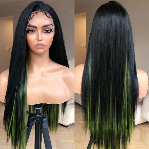 BrownBomb Peluca de Encaje Frontal HD de 13x4 Peluca de Encaje Frontal Sintética Negra y Verde Pre Plucked de Aspecto Natural Peluca Lisa de 26