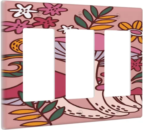 Miniatura 35 de Cubierta de interruptor de luz de palanca doble de 2 cuadras, color rosa, hongos, flores, placa de pared, placa frontal eléctrica, retro, años 70