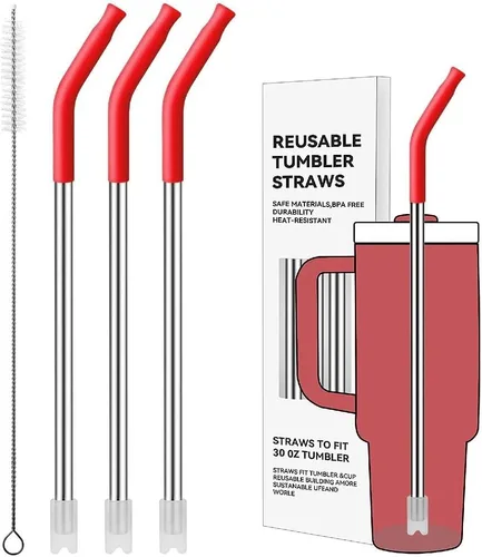 Miniatura 23 de Pajitas de metal rectas para vaso Stanley de 40 onzas, paquete de 3 popotes reutilizables de acero inoxidable con puntas de silicona y cepillo Gris
