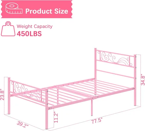 Miniatura 2 de Weehom Marco de cama individual, plataforma de metal, listones de acero resistente, almacenamiento debajo de la cama para niños, color rosa