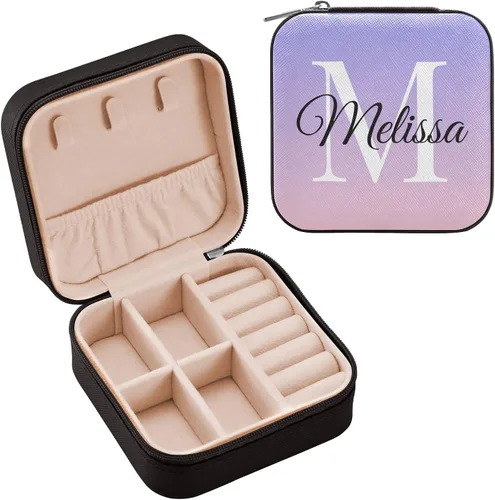 Estuche de joyería de viaje personalizado con gradiente de color morado y rosa, joyero portátil de cuero sintético, organizador de joyas de viaje,