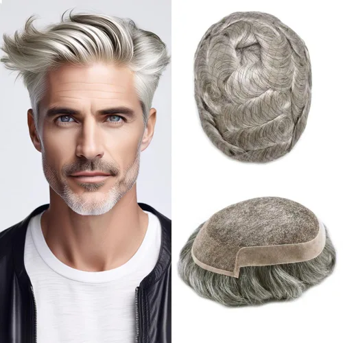 Miniatura 27 de Toupee Hair System For Men Real Human Hair Swiss Lace Mens Toupee Men Hair Replacement System Natural Hairline Mens Hairpieces 6X8"-80% light