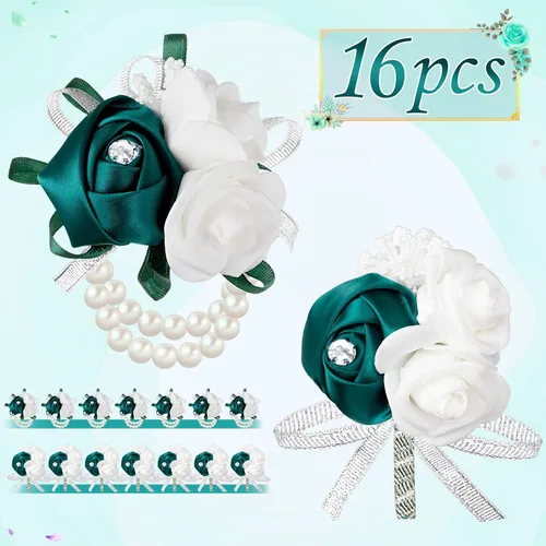 Miniatura 4 de Zeyune Juego de 16 piezas de flores para hombres, ramillete de rosas para mujer, dama de honor nupcial, flor para boda, ceremonia, aniversario